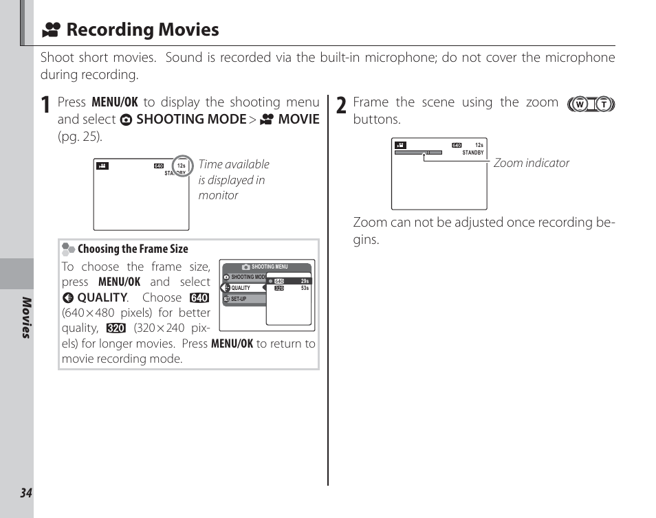 Movies, Recording movies, A recording movies | FujiFilm FinePix A150 User Manual | Page 40 / 96