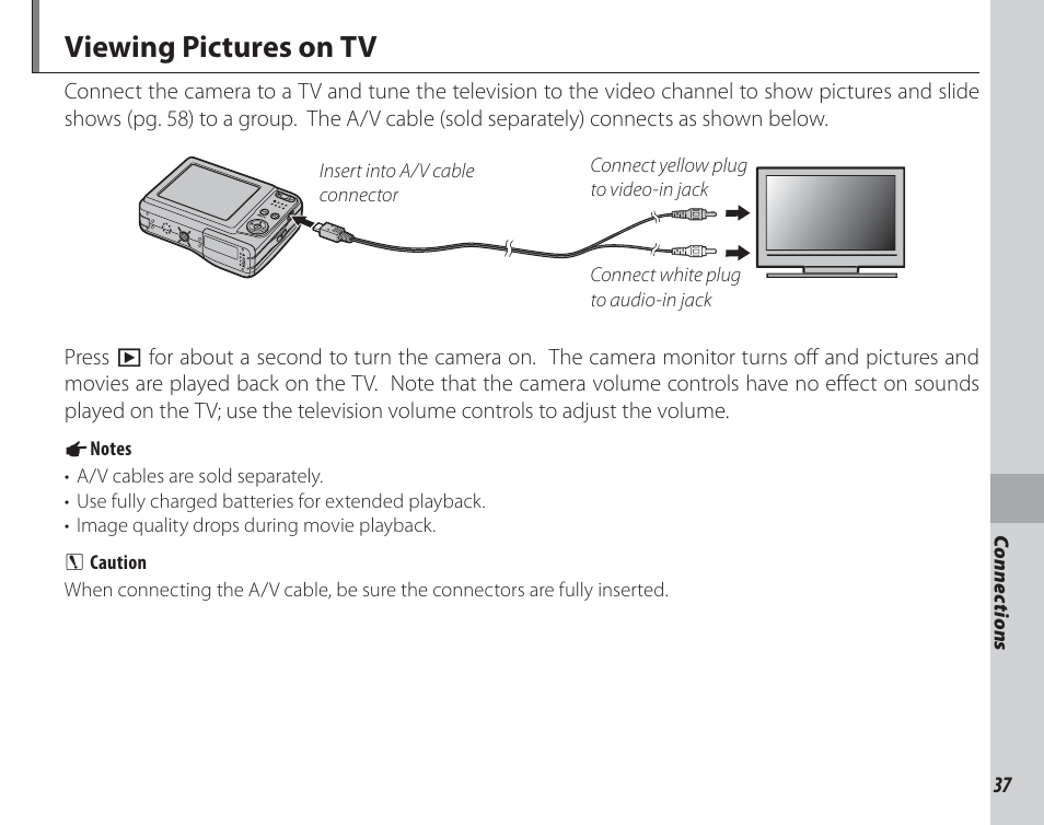 Connections, Viewing pictures on tv | FujiFilm FinePix A150 User Manual | Page 43 / 96