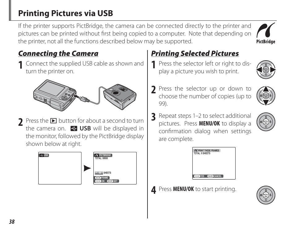 Printing pictures via usb, Connecting the camera, Printing selected pictures | FujiFilm FinePix A150 User Manual | Page 44 / 96