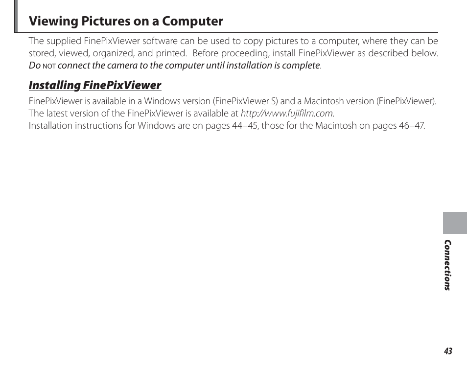 Viewing pictures on a computer, Installing finepixviewer | FujiFilm FinePix A150 User Manual | Page 49 / 96