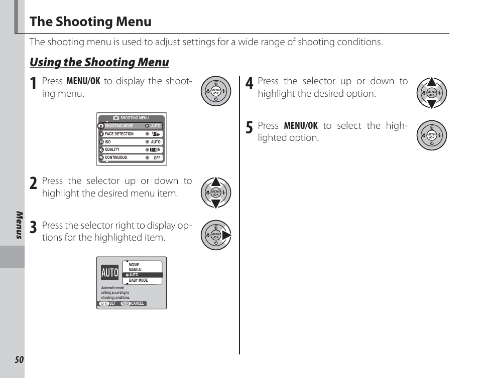 Menus, The shooting menu, Using the shooting menu | FujiFilm FinePix A150 User Manual | Page 56 / 96