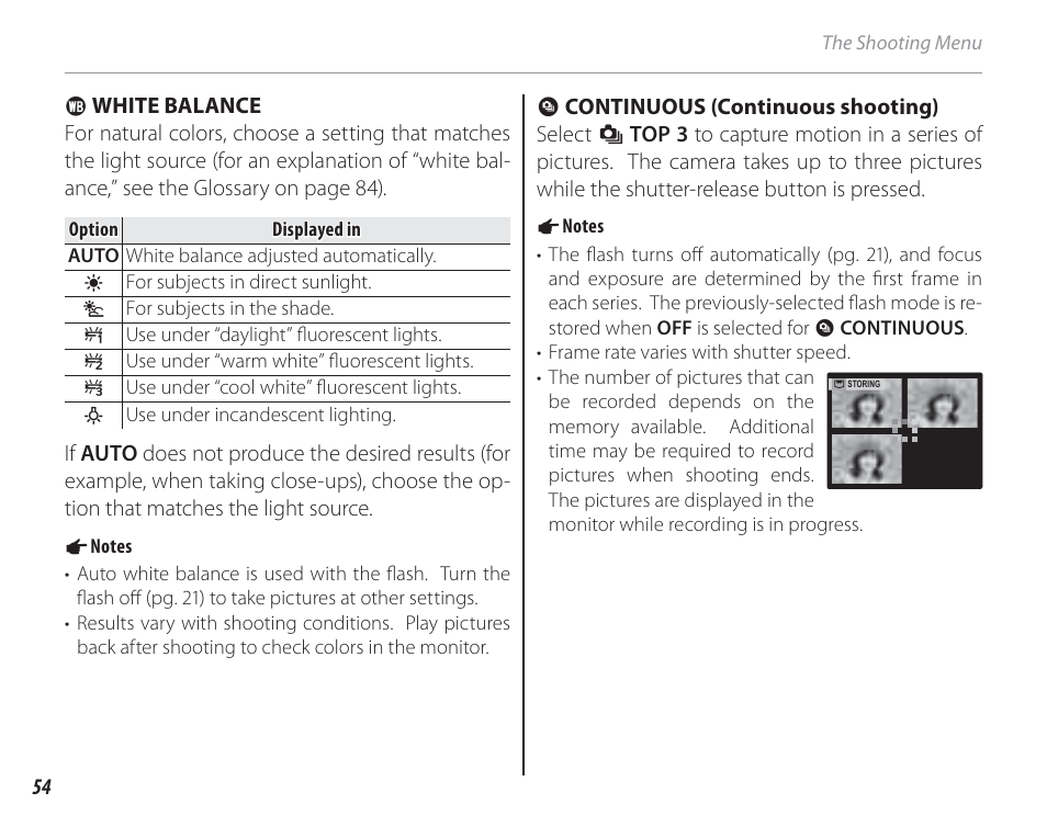 White balance, Continuous (continuous shooting) | FujiFilm FinePix A150 User Manual | Page 60 / 96
