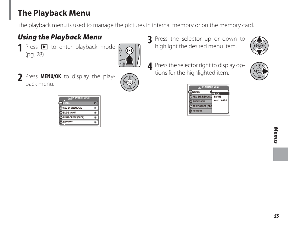 The playback menu, Using the playback menu | FujiFilm FinePix A150 User Manual | Page 61 / 96