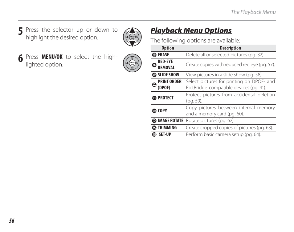 Playback playback menu options, Playback menu options | FujiFilm FinePix A150 User Manual | Page 62 / 96