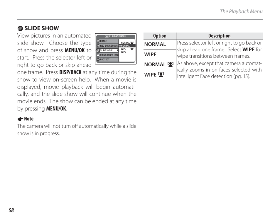 Slide show, The playback menu, Option | FujiFilm FinePix A150 User Manual | Page 64 / 96