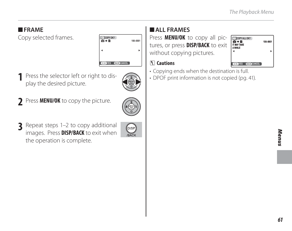 Frame frame copy selected frames, Press menu/ok to copy the picture | FujiFilm FinePix A150 User Manual | Page 67 / 96