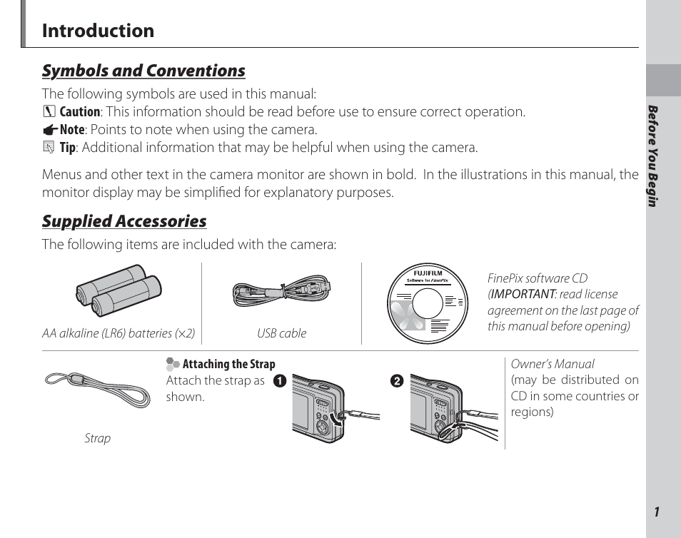 Before you begin, Introduction, Symbols and conventions | Supplied accessories | FujiFilm FinePix A150 User Manual | Page 7 / 96