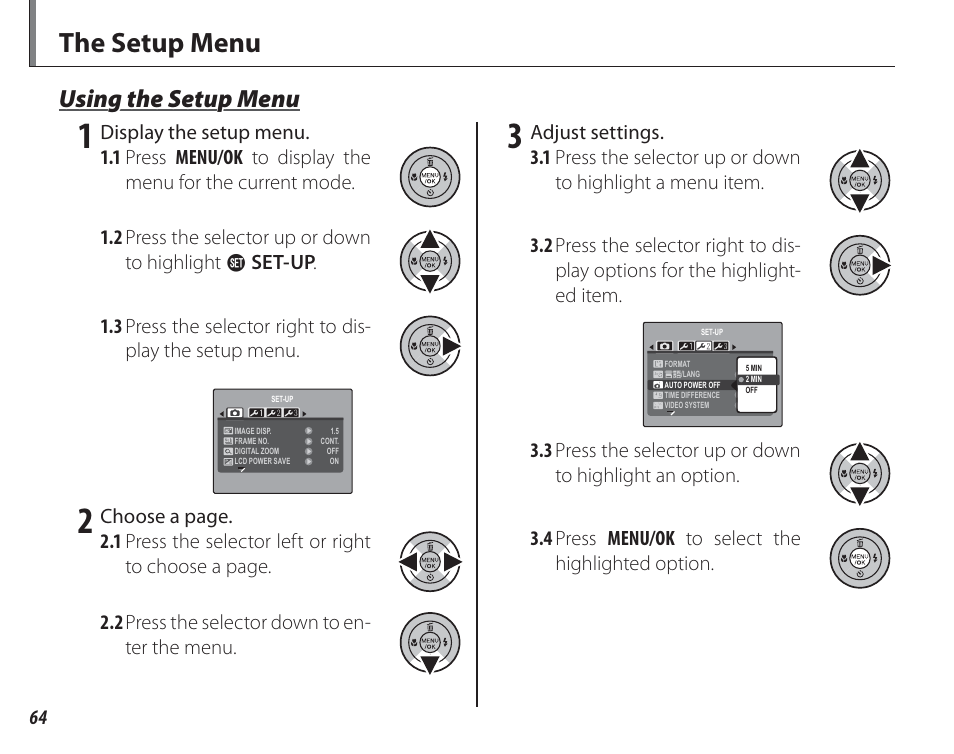 The setup menu, Using the setup menu | FujiFilm FinePix A150 User Manual | Page 70 / 96