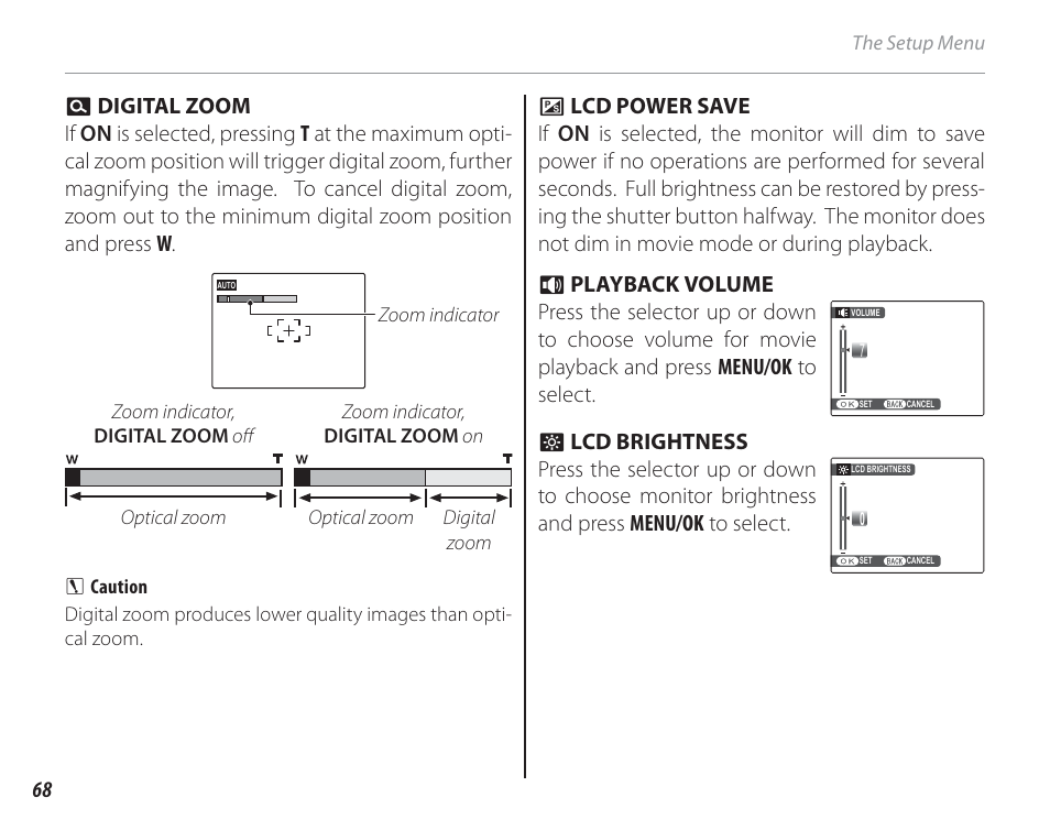 Digital zoom, Lcd power save, Playback volume | Lcd brightness | FujiFilm FinePix A150 User Manual | Page 74 / 96