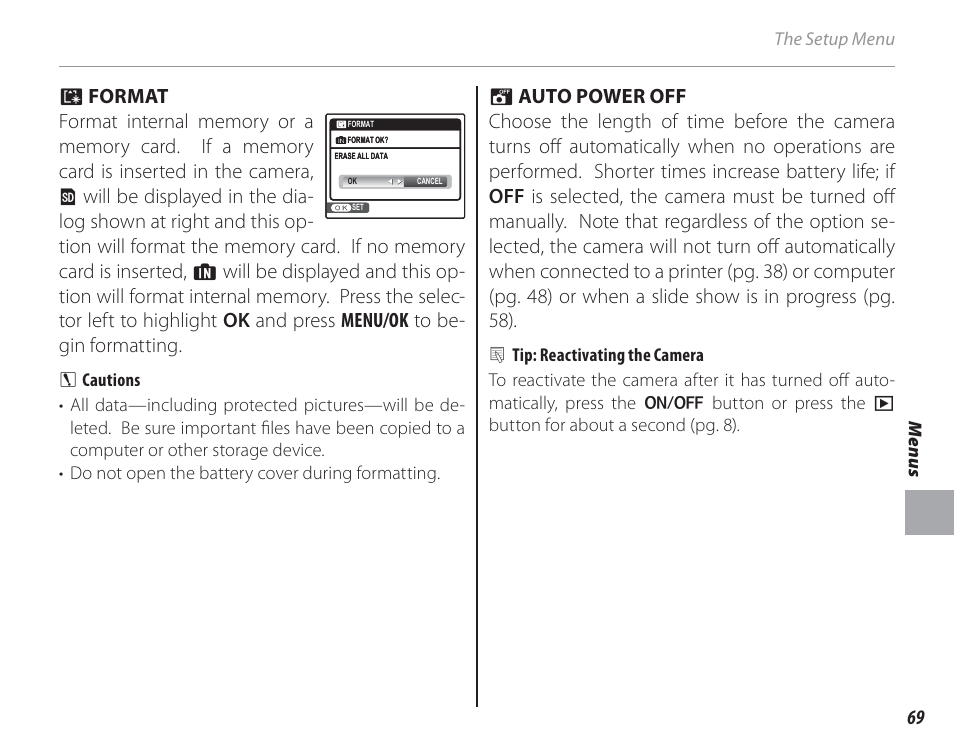 Format, Auto power off | FujiFilm FinePix A150 User Manual | Page 75 / 96