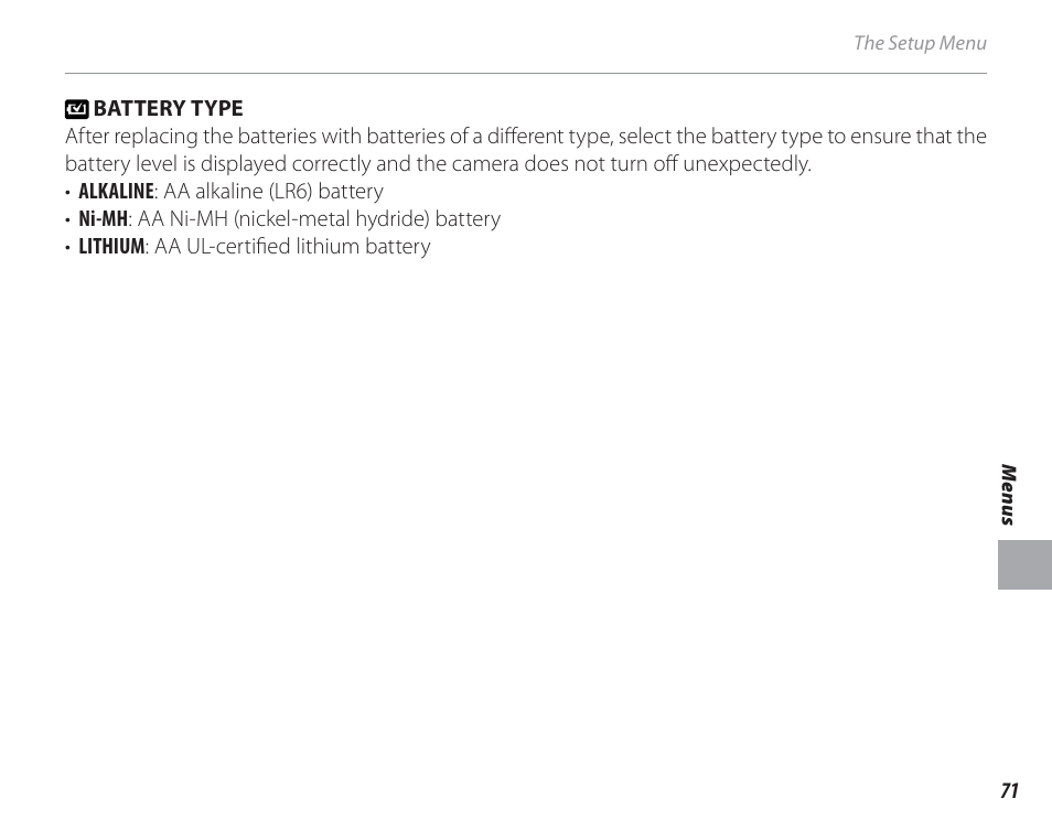 Battery type | FujiFilm FinePix A150 User Manual | Page 77 / 96