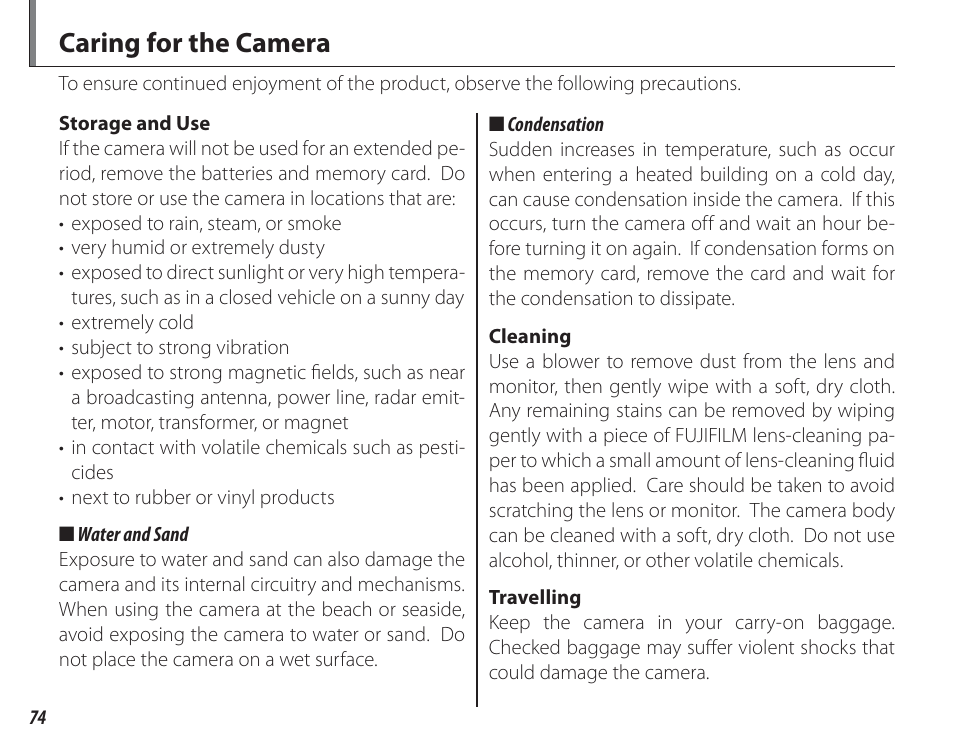 Caring for the camera | FujiFilm FinePix A150 User Manual | Page 80 / 96