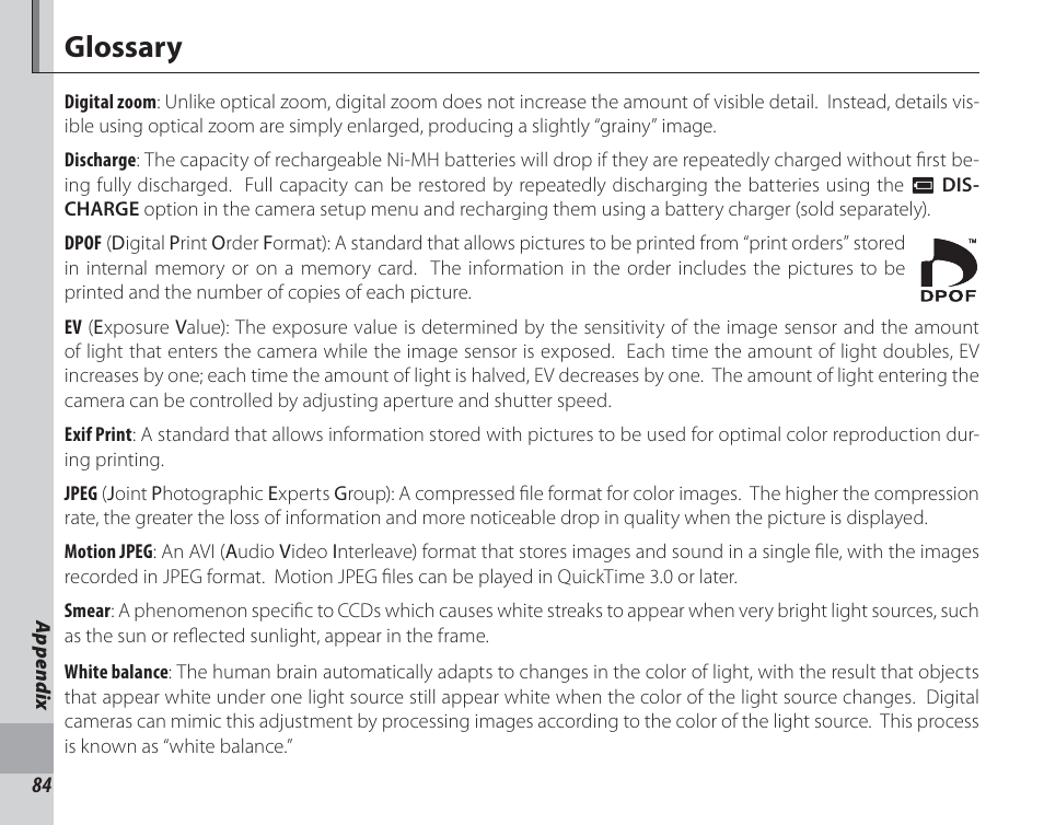 Appendix, Glossary | FujiFilm FinePix A150 User Manual | Page 90 / 96