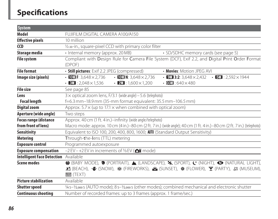 Specifi cations | FujiFilm FinePix A150 User Manual | Page 92 / 96