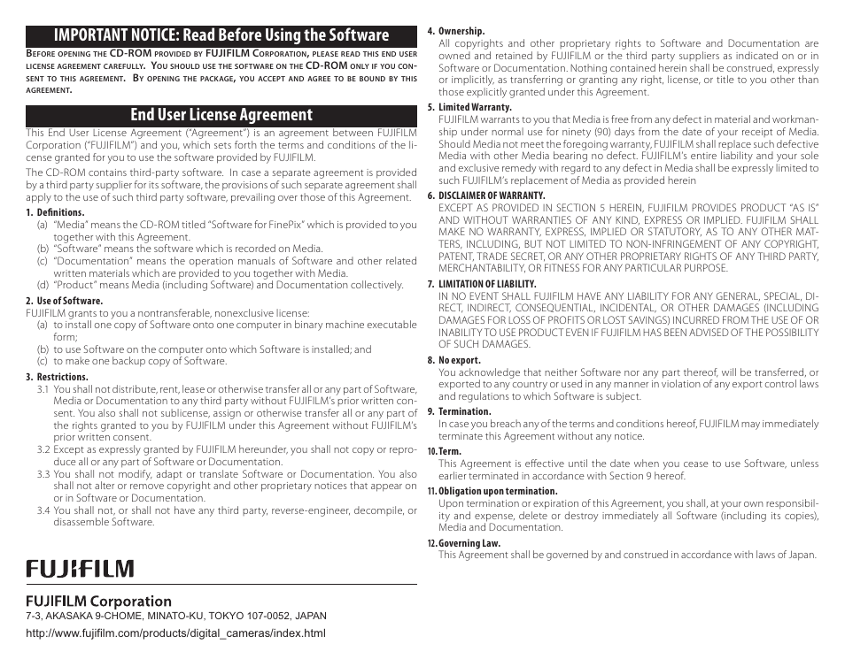 Important notice: read before using the software, End user license agreement | FujiFilm FinePix A150 User Manual | Page 96 / 96