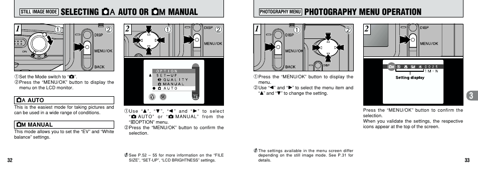 3photography menu operation, 2selecting 1 auto or 2 manual | FujiFilm FinePix A101 User Manual | Page 17 / 44