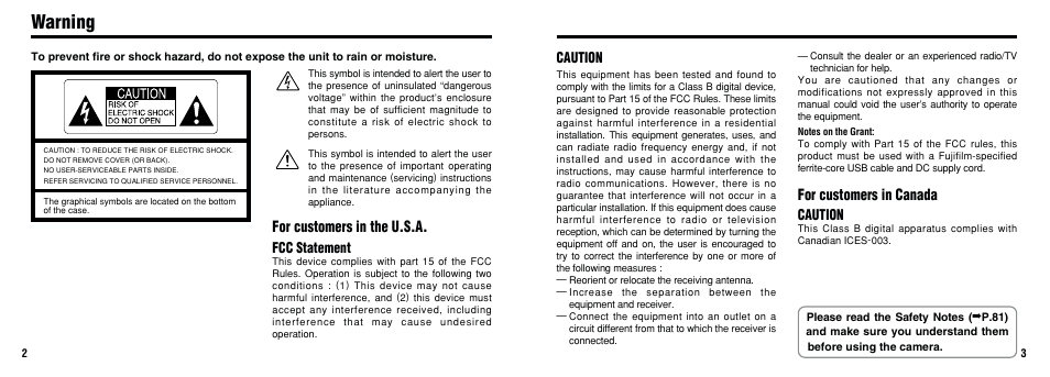Warning, For customers in the u.s.a, For customers in canada | Fcc statement, Caution | FujiFilm FinePix A101 User Manual | Page 2 / 44