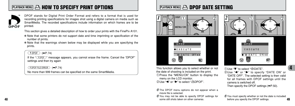 How to specify print options, Dpof date setting | FujiFilm FinePix A101 User Manual | Page 25 / 44