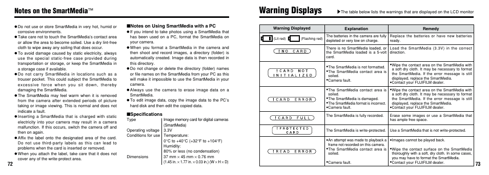 Warning displays | FujiFilm FinePix A101 User Manual | Page 37 / 44