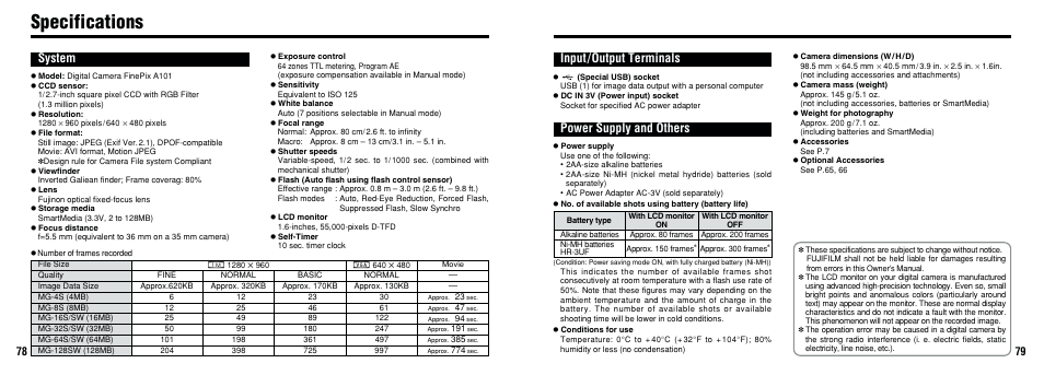 Specifications, Input/output terminals power supply and others, System | FujiFilm FinePix A101 User Manual | Page 40 / 44