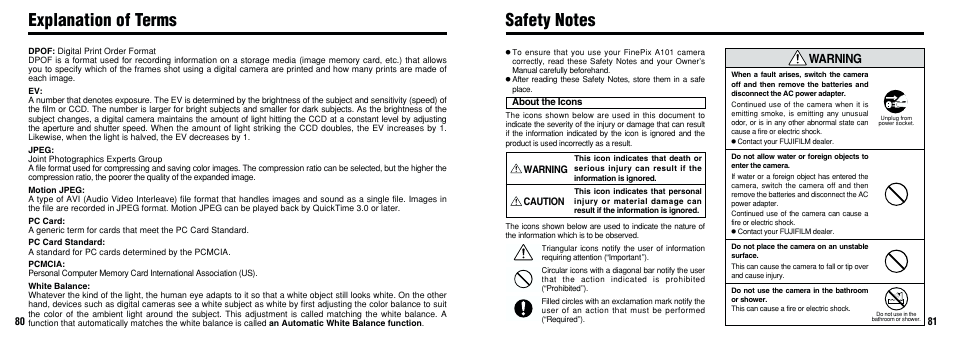 Explanation of terms, Warning | FujiFilm FinePix A101 User Manual | Page 41 / 44
