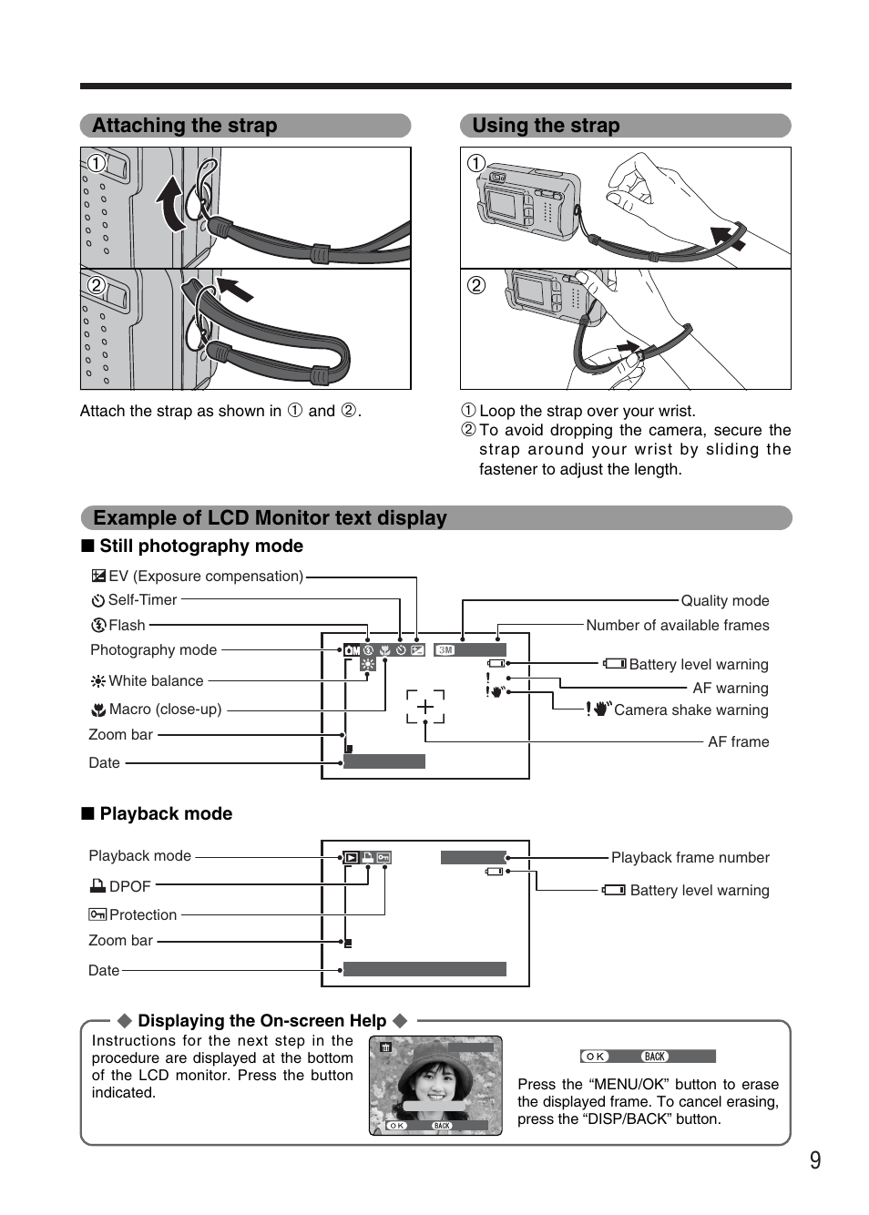 Example of lcd monitor text display, Attaching the strap, 01 0 2 using the strap | FujiFilm FinePix A340 User Manual | Page 10 / 93