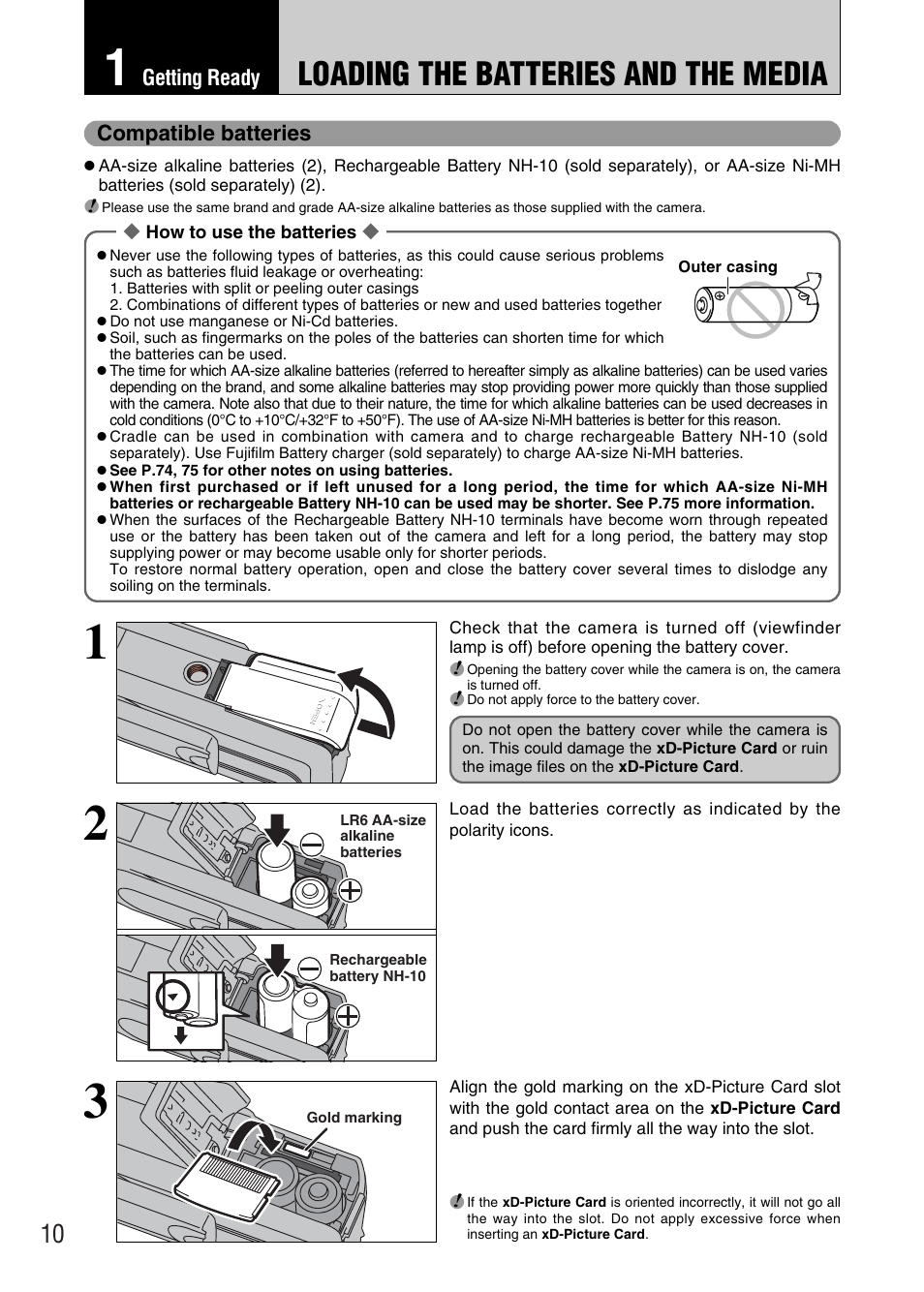 Loading the batteries and the media | FujiFilm FinePix A340 User Manual | Page 11 / 93