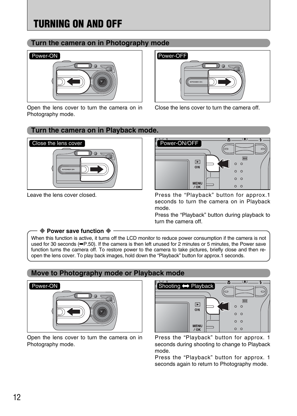 Turning on and off | FujiFilm FinePix A340 User Manual | Page 13 / 93