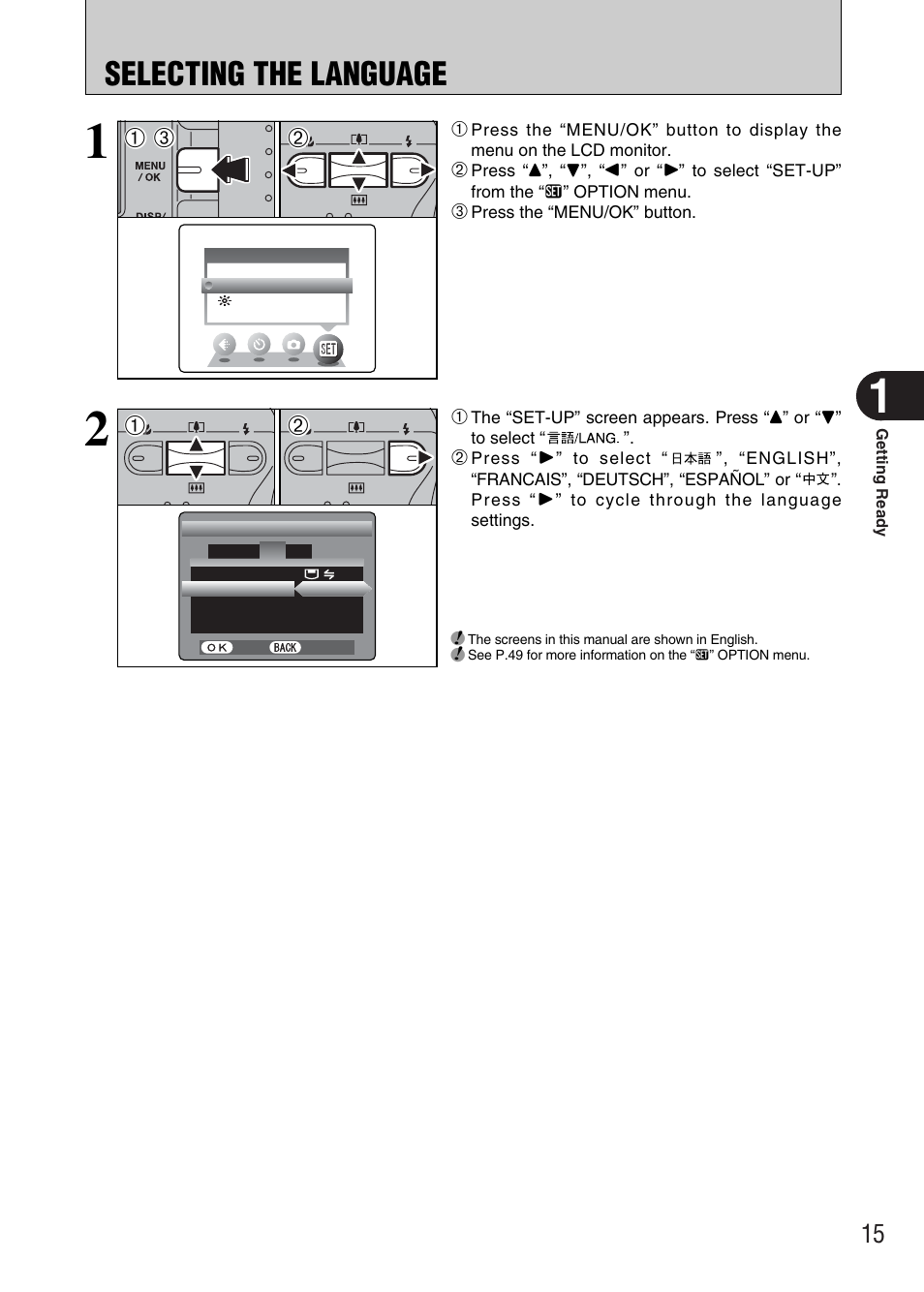 Selecting the language | FujiFilm FinePix A340 User Manual | Page 16 / 93