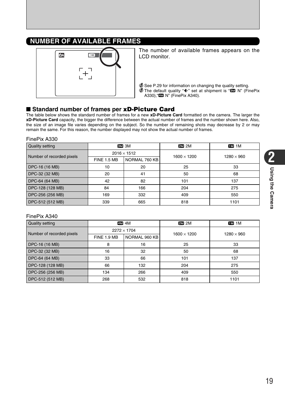Number of available frames, Standard number of frames per xd-picture card | FujiFilm FinePix A340 User Manual | Page 20 / 93