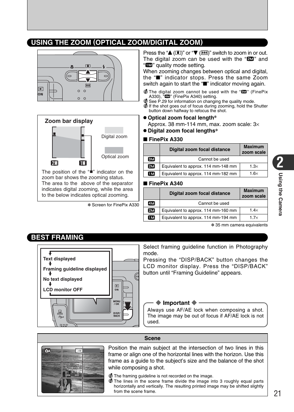 Using the zoom (optical zoom/digital zoom), Best framing | FujiFilm FinePix A340 User Manual | Page 22 / 93