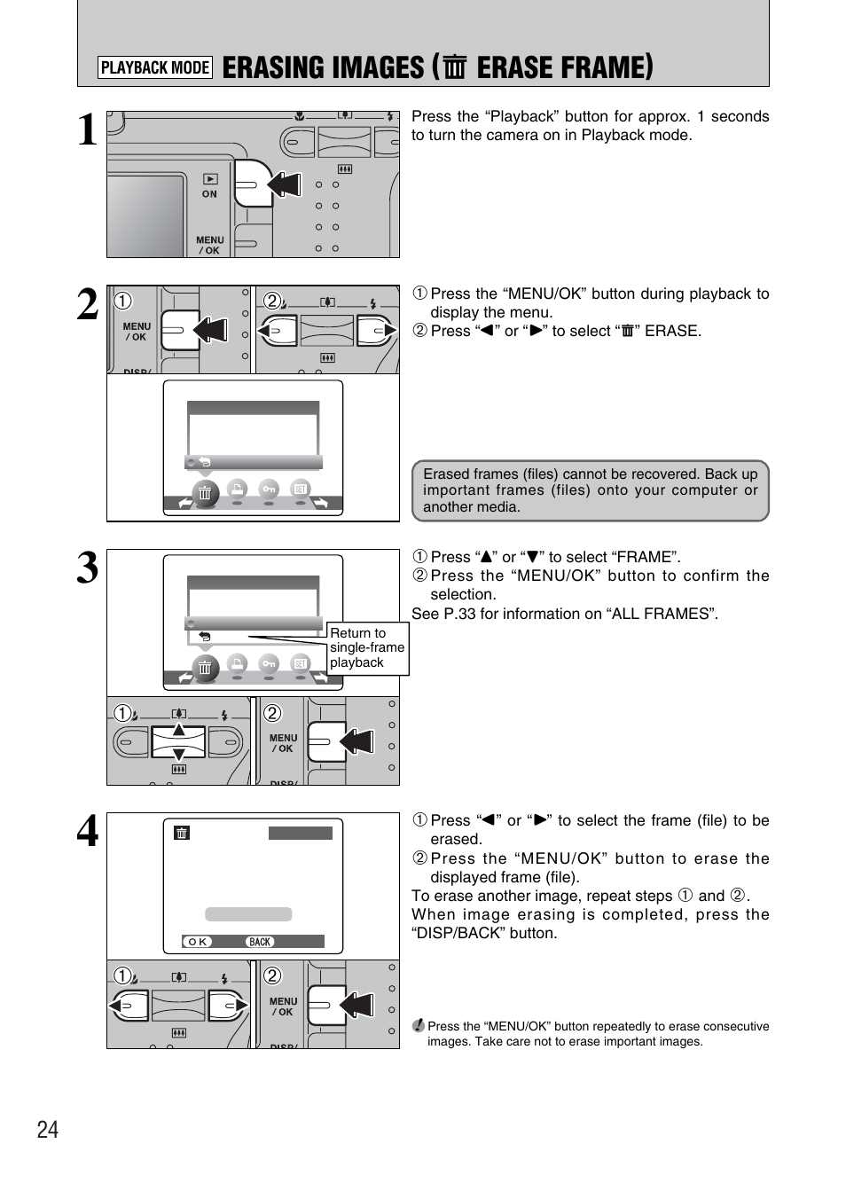 Erasing images ( o erase frame) | FujiFilm FinePix A340 User Manual | Page 25 / 93
