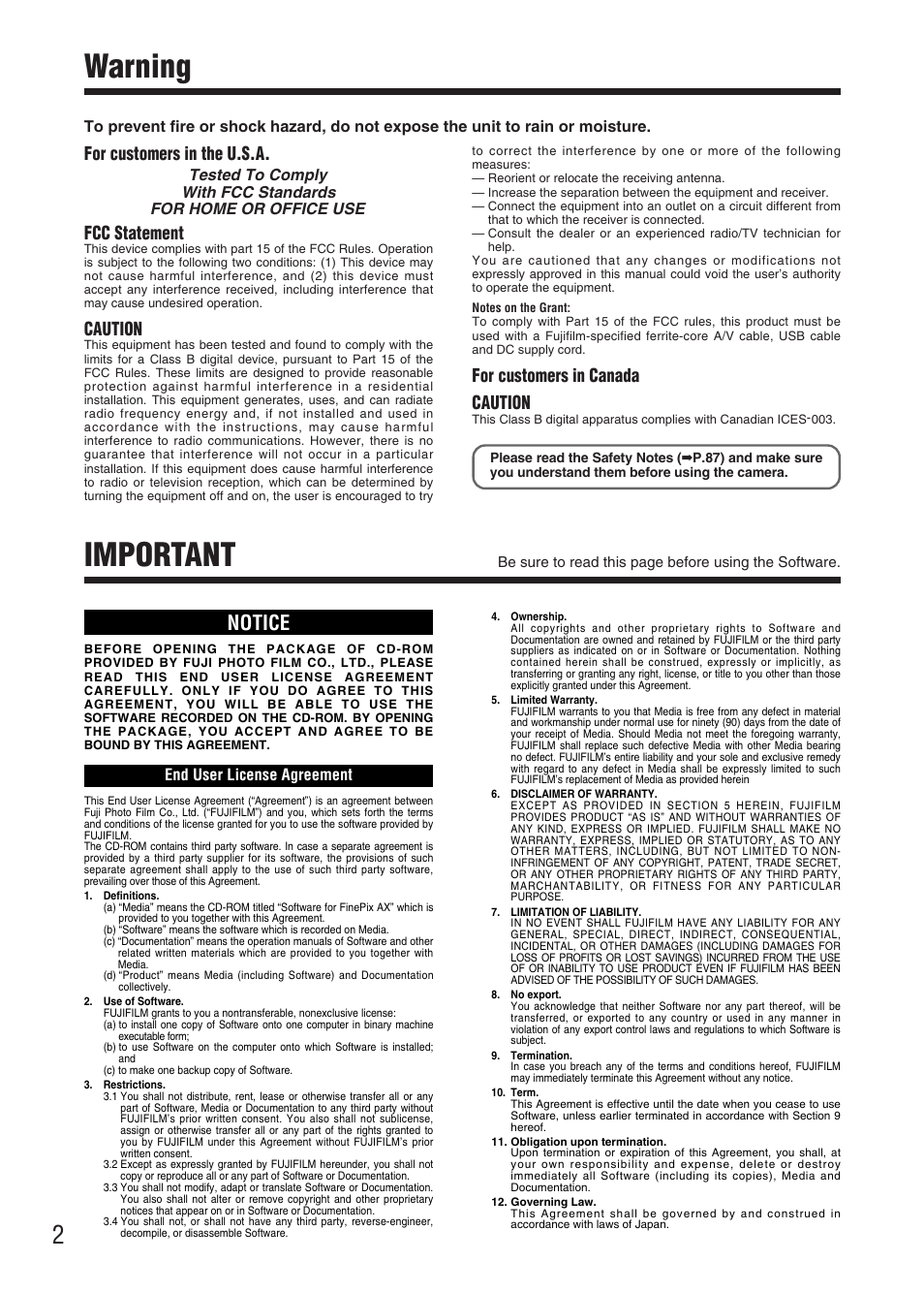 Warning important, Notice, For customers in the u.s.a | Fcc statement, Caution, For customers in canada caution | FujiFilm FinePix A340 User Manual | Page 3 / 93
