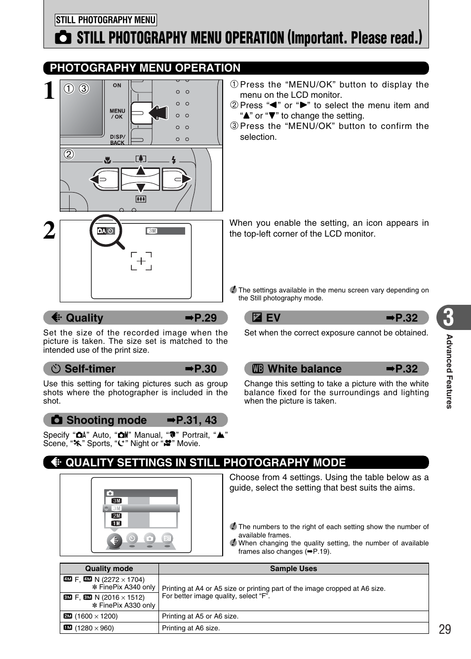 Photography menu operation, Q shooting mode ➡ p.31, 43, Y quality ➡ p.29 | D ev ➡ p.32, Self-timer ➡ p.30, A white balance ➡ p.32, Y quality settings in still photography mode | FujiFilm FinePix A340 User Manual | Page 30 / 93