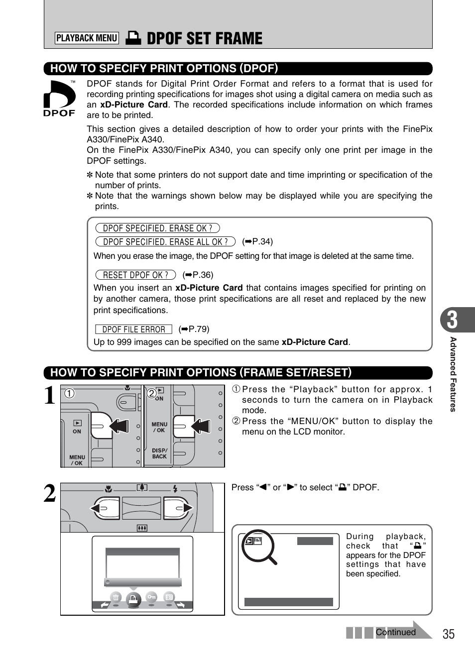 U dpof set frame | FujiFilm FinePix A340 User Manual | Page 36 / 93