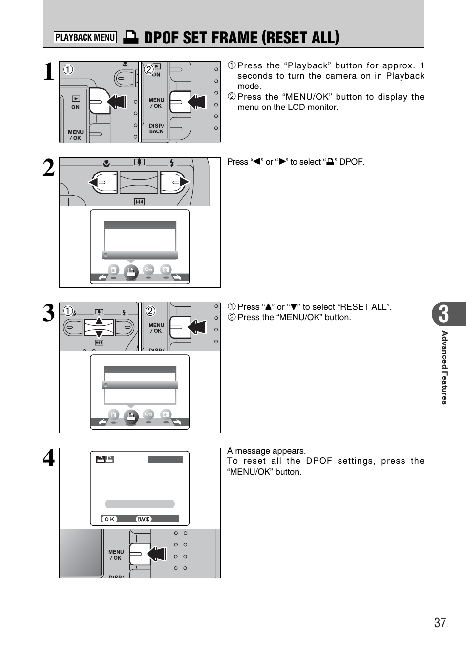 U dpof set frame (reset all) | FujiFilm FinePix A340 User Manual | Page 38 / 93