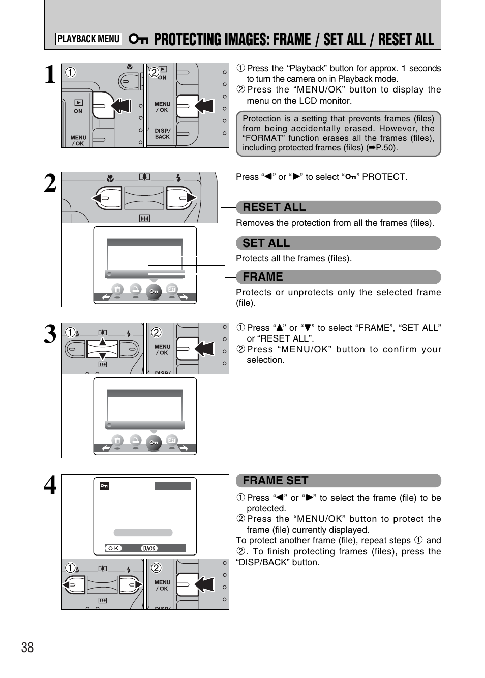 I protecting images: frame / set all / reset all | FujiFilm FinePix A340 User Manual | Page 39 / 93