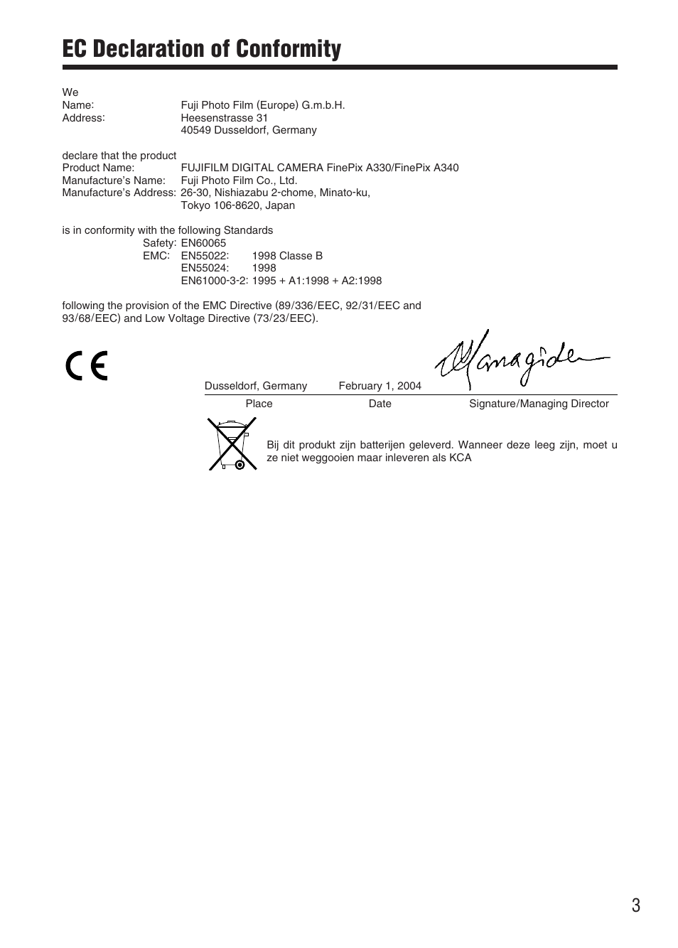 Ec declaration of conformity | FujiFilm FinePix A340 User Manual | Page 4 / 93