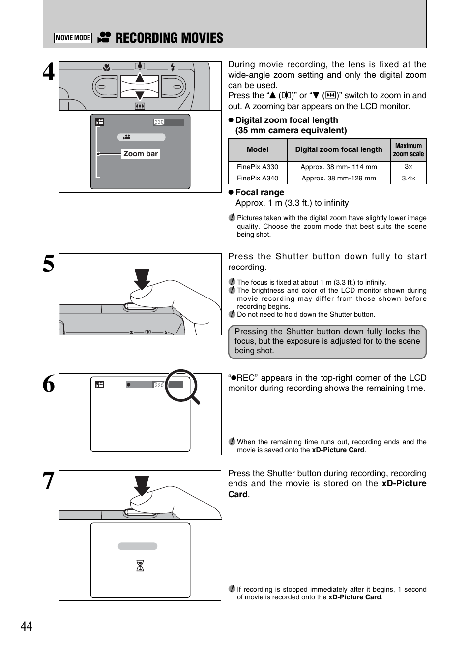 R recording movies | FujiFilm FinePix A340 User Manual | Page 45 / 93