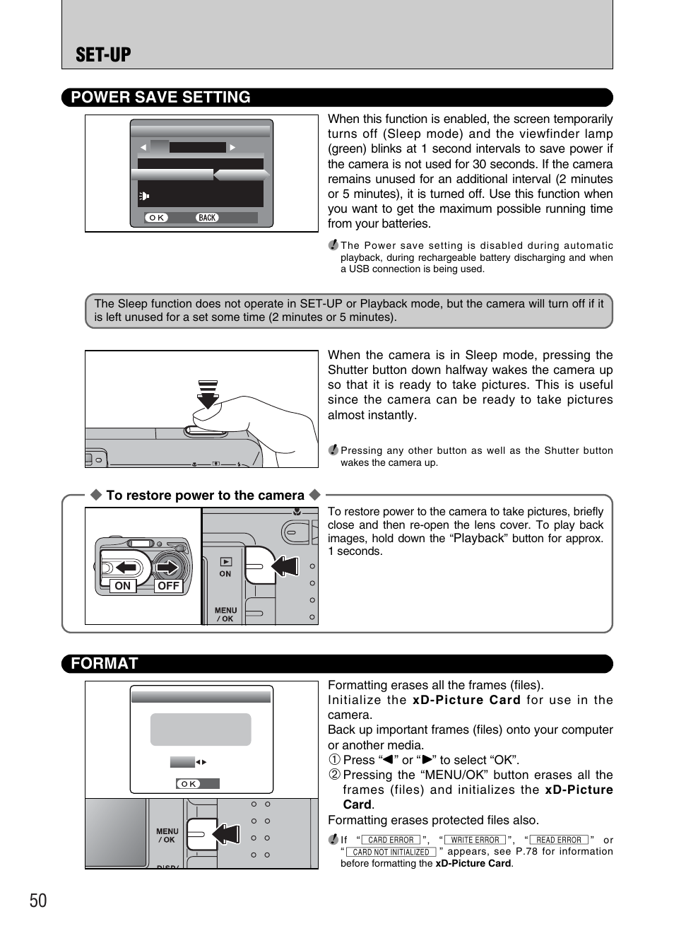 Set-up, Power save setting, Format | FujiFilm FinePix A340 User Manual | Page 51 / 93