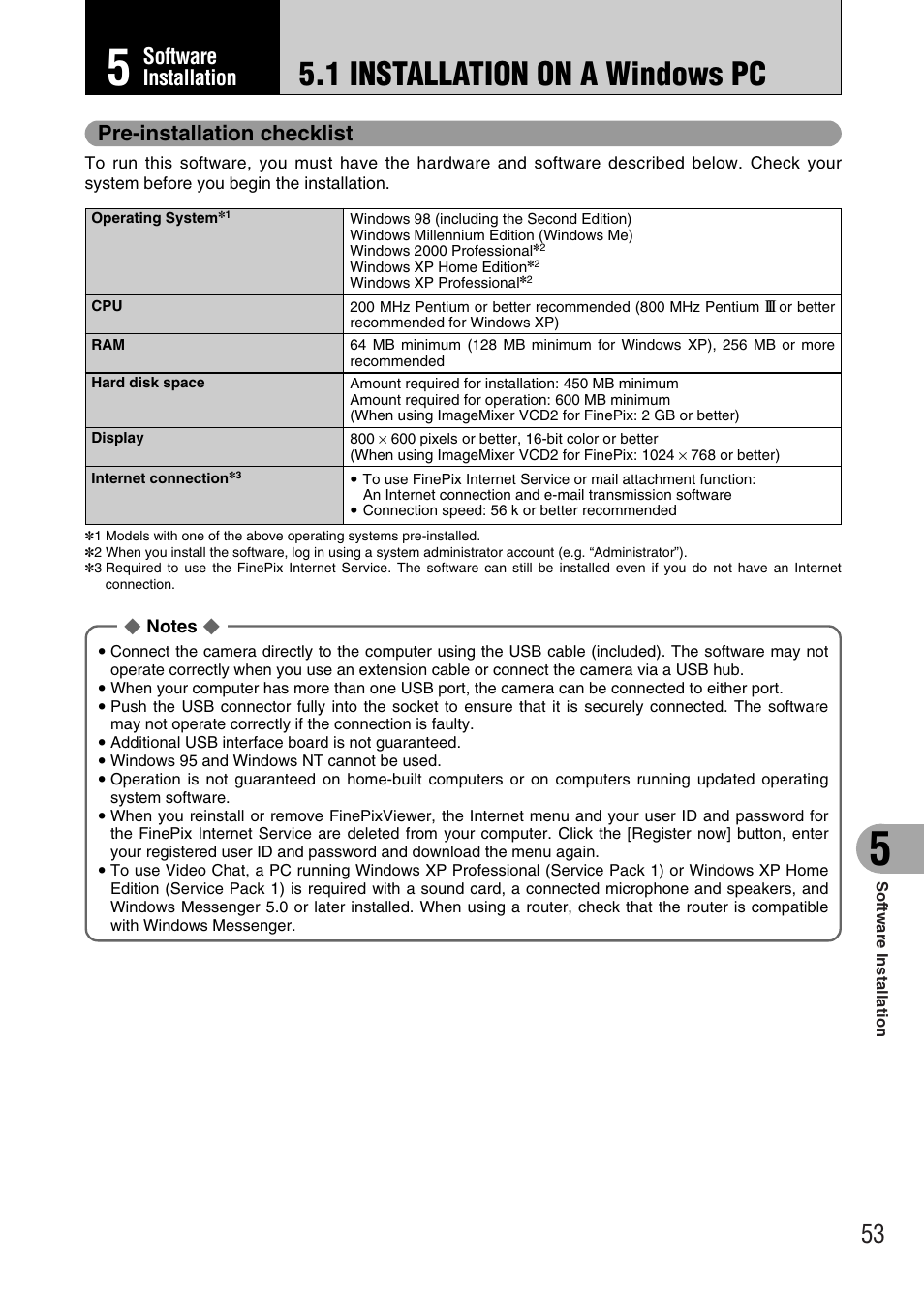 1 installation on a windows pc, Software installation pre-installation checklist | FujiFilm FinePix A340 User Manual | Page 54 / 93