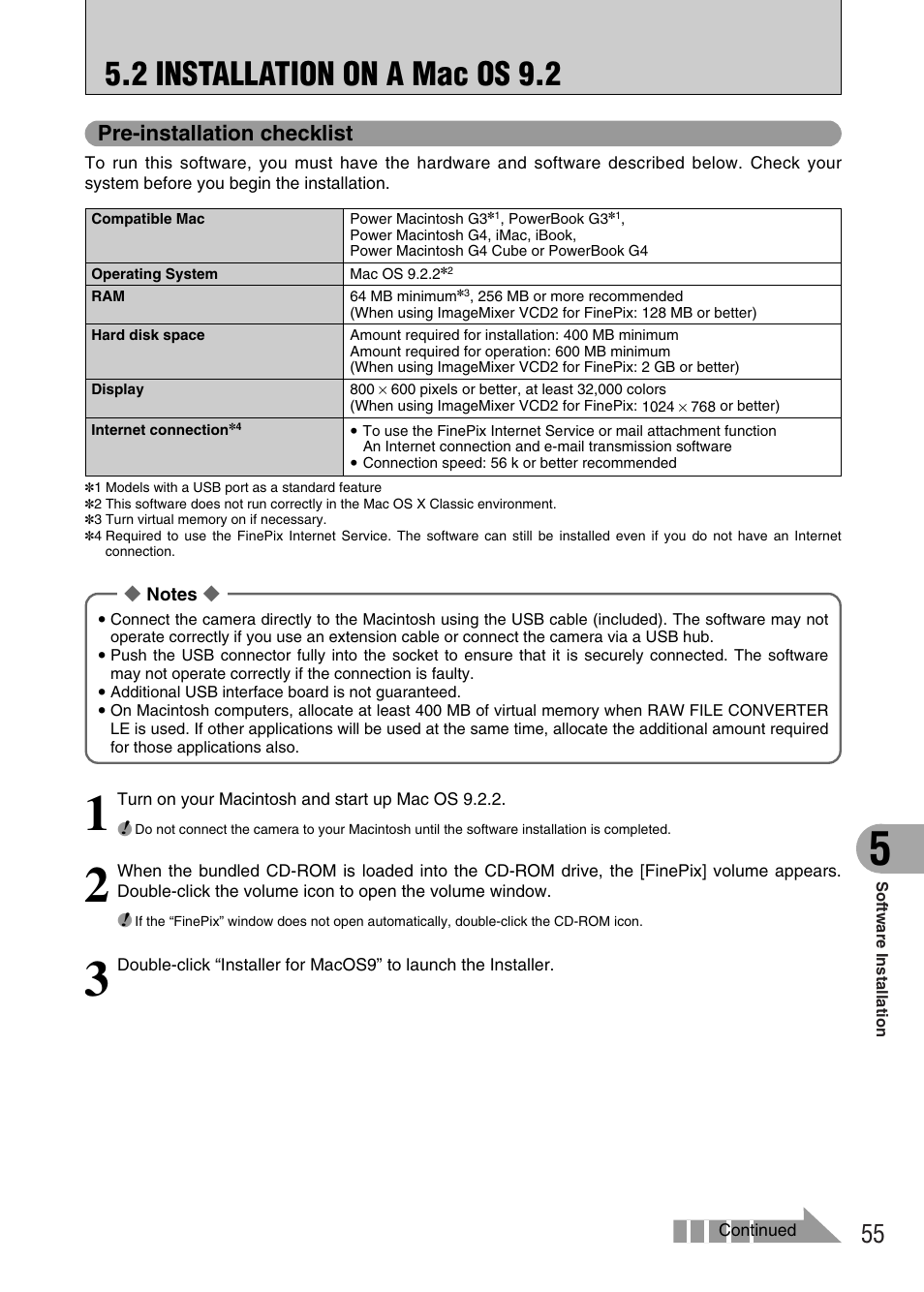 2 installation on a mac os 9.2, Pre-installation checklist | FujiFilm FinePix A340 User Manual | Page 56 / 93