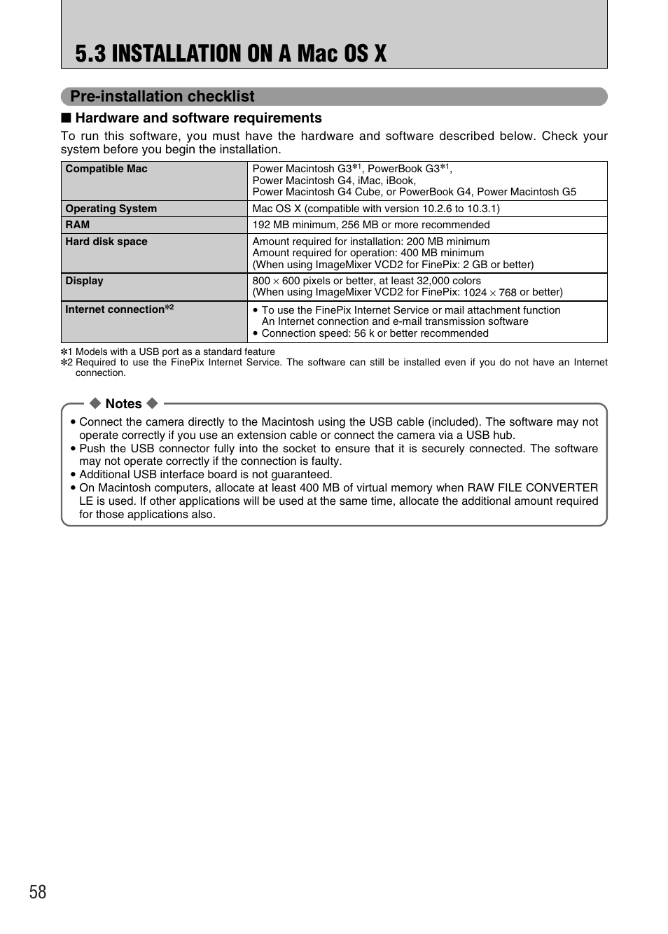 3 installation on a mac os x, Pre-installation checklist, Hardware and software requirements | FujiFilm FinePix A340 User Manual | Page 59 / 93