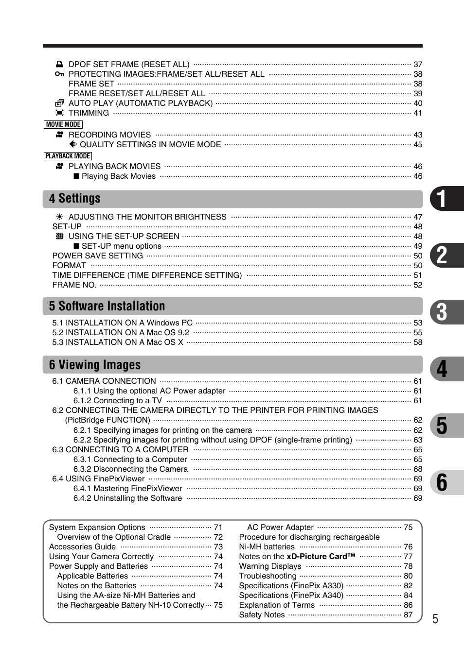 4 settings, 5 software installation, 6 viewing images | FujiFilm FinePix A340 User Manual | Page 6 / 93