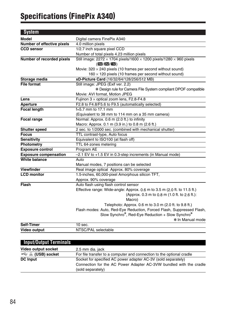 Specifications (finepix a340), System, Input/output terminals | FujiFilm FinePix A340 User Manual | Page 85 / 93