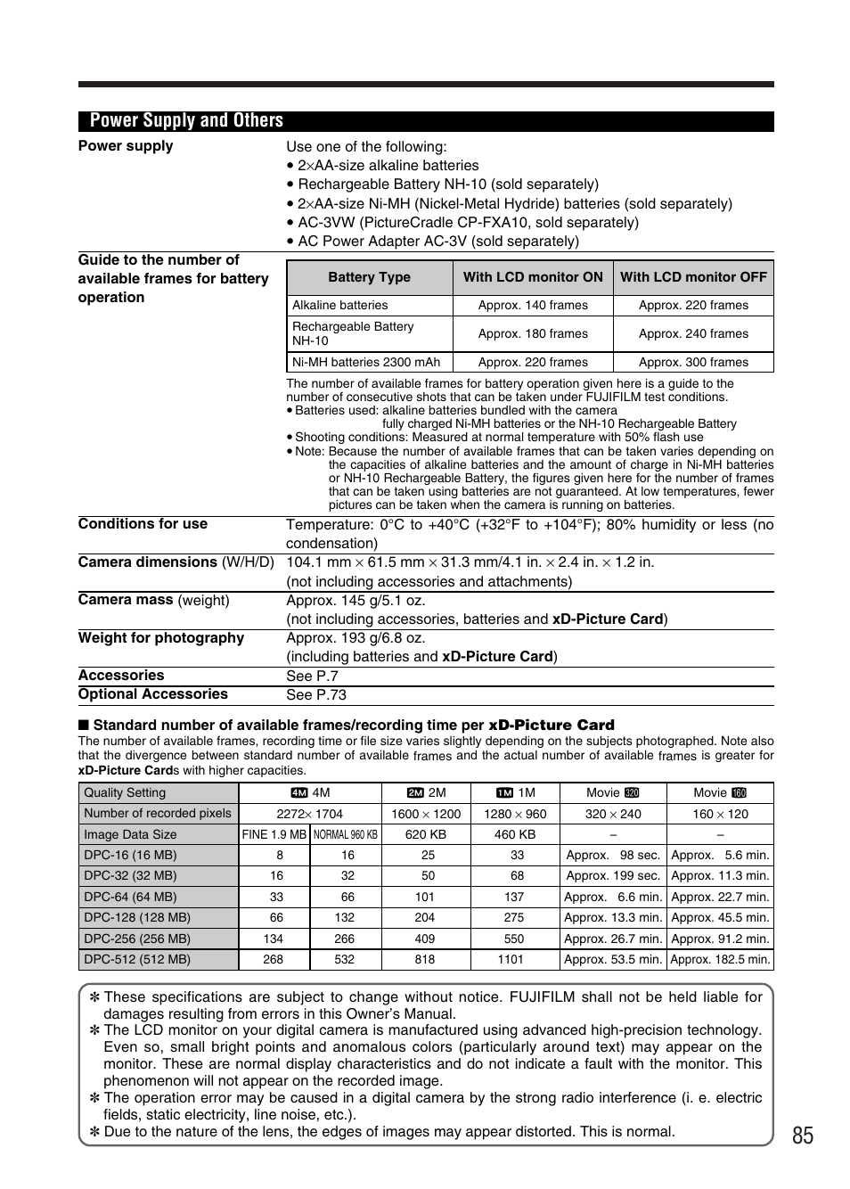 Power supply and others | FujiFilm FinePix A340 User Manual | Page 86 / 93