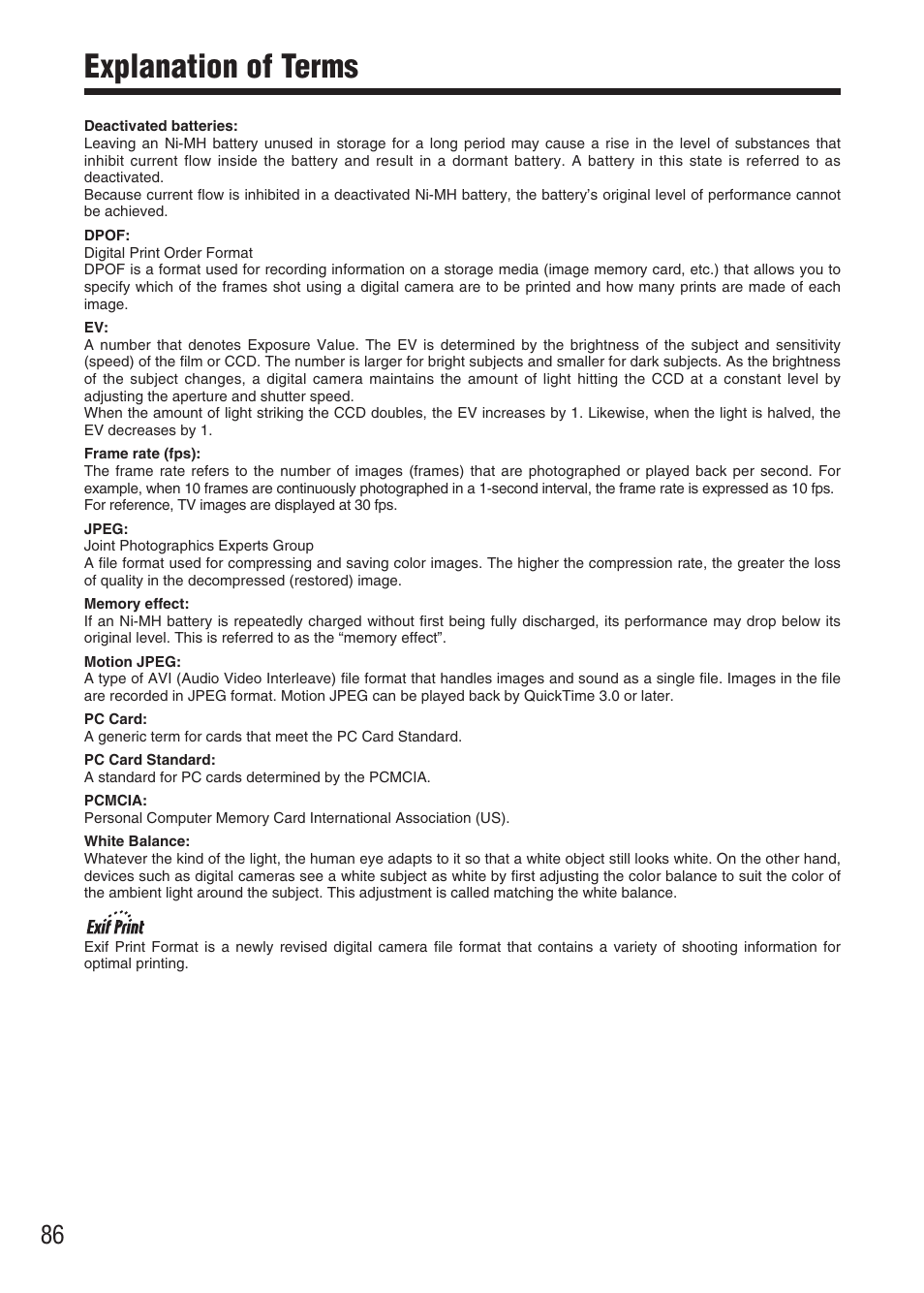 Explanation of terms | FujiFilm FinePix A340 User Manual | Page 87 / 93