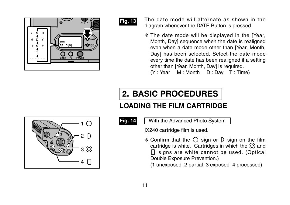 Basic procedures, Loading the film cartridge, 9 date display (type of film cartridge/camera | Iso display), 1 film cartridge mark | FujiFilm 3100ixZ User Manual | Page 11 / 47