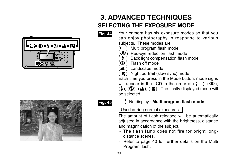 Advanced techniques, Selecting the exposure mode, 5 exposure mode button | FujiFilm 3100ixZ User Manual | Page 30 / 47