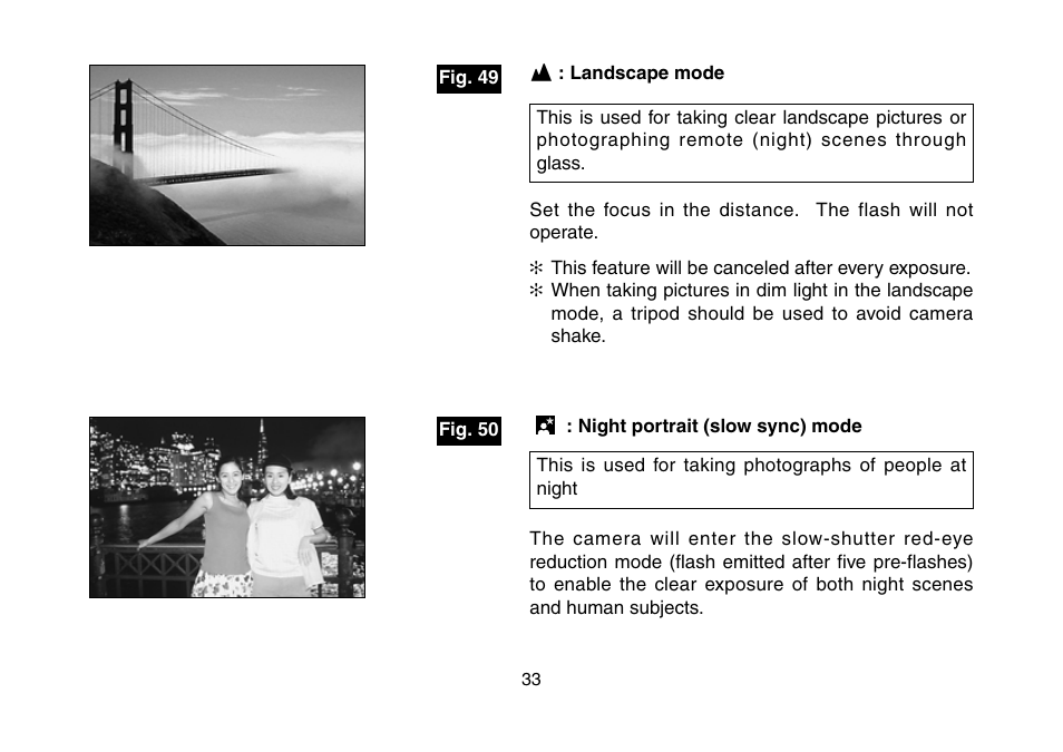 Landscape mode, Night portrait (slow sync) mode, 6 landscape mode @7 night portrait mode | FujiFilm 3100ixZ User Manual | Page 33 / 47